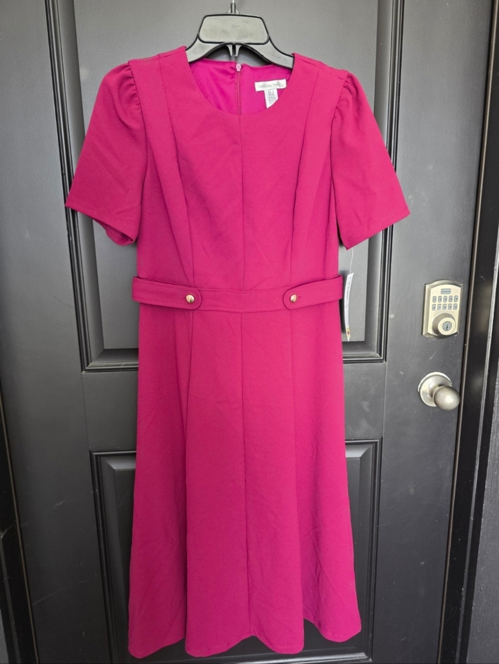 London Times Pink Dress Size 6 Fit & Flare Short Sleeve Belted Midi Career Work